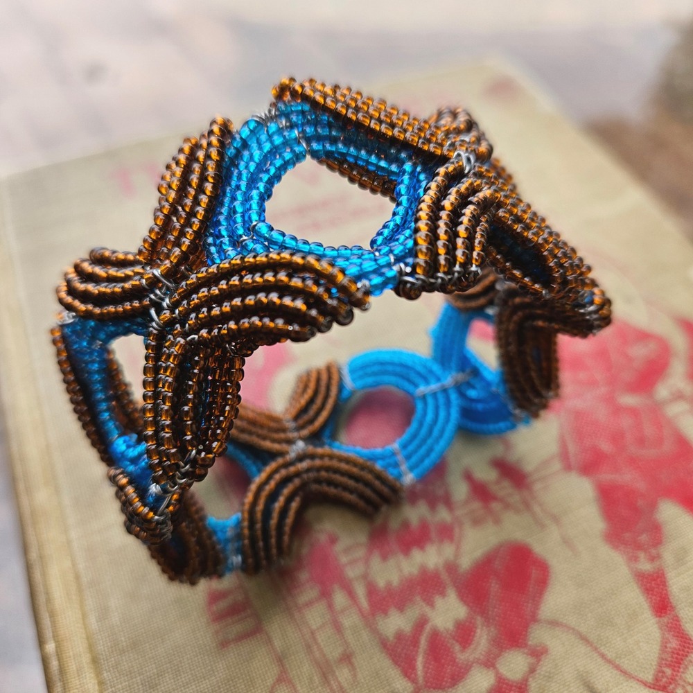 Handmade Beaded Wire Bracelet Brown Blue Geometric Statement Bangle